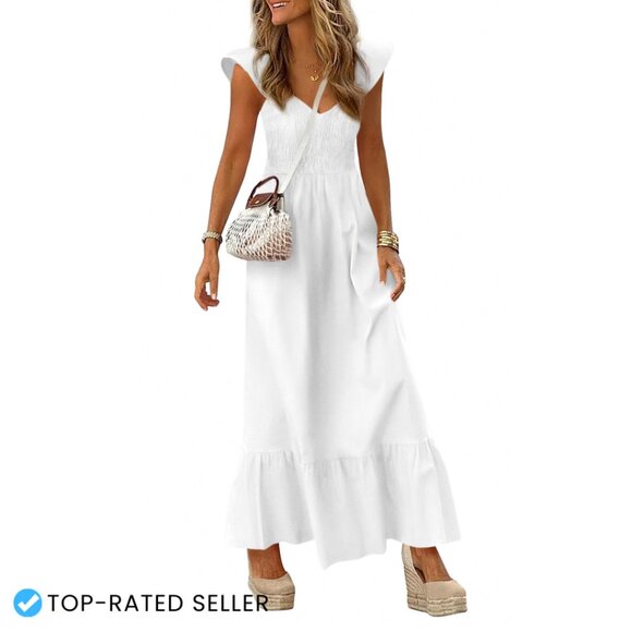 Maxi Dress V-Neck Smocked Bodice Cap Sleeve Long Pockets Summer Casual